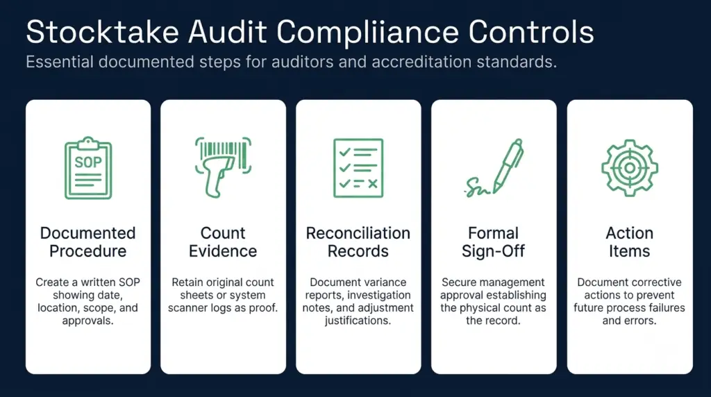 A five-step educational infographic titled stocktake audit compliance controls outlining essential documented steps for auditors. The visual features a dark blue background with five white cards, each displaying a green icon and text for the following sequential steps: documented procedure, count evidence, reconciliation records, formal sign-off, and action items.
